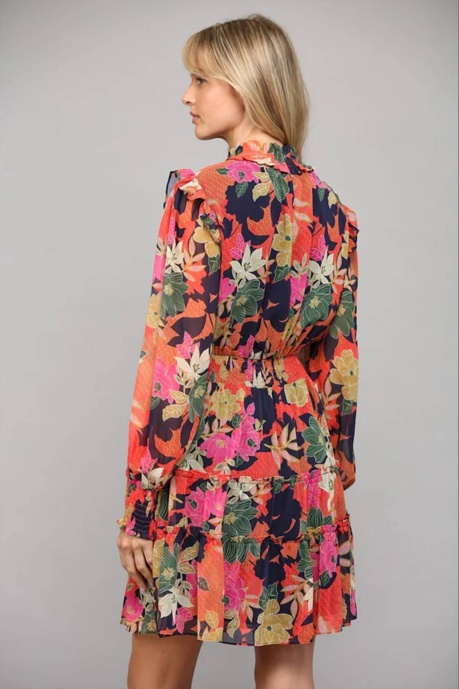 Fate - Floral Print Front Keyhole Tiered Mini Dress