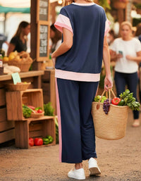 dear lover Color Block Wide Leg 2 piece set in navy - women's sleepwear - detail view