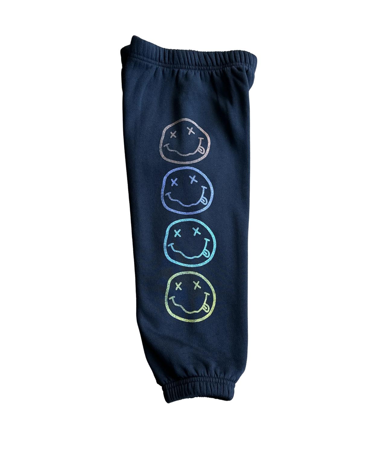 ROWDY SPROUT Girl's Nirvana Smiley Sweatpants in washed black - kids' joggers - detail view