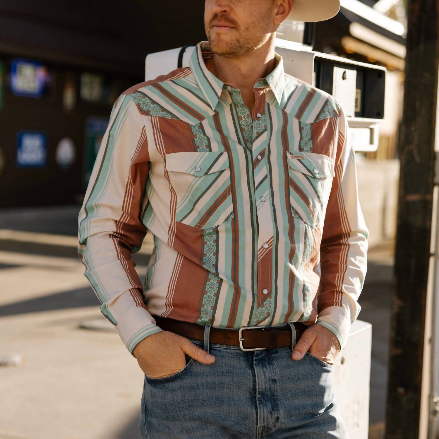 Sendero Provisions Co. Serape Pearl Snap Long Sleeve Shirt in retro stripe - men's shirt