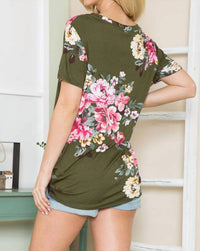 Magic Fit - V-Neck Basic Short Sleeve Floral Top with Side Tie