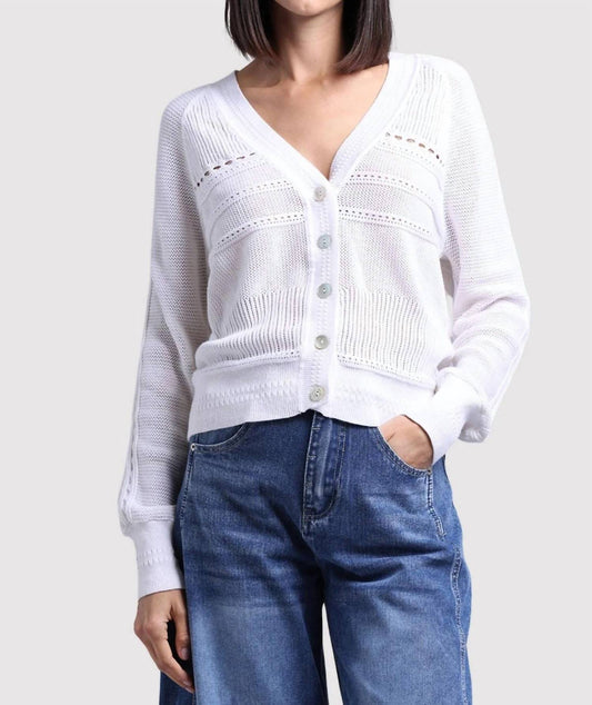 Minnie Rose - Cotton Cashmere Pointelle Mix V Neck Cardigan