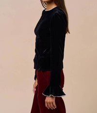 Lalavon - Velvet Touch Pearl Trim Long Sleeve Top
