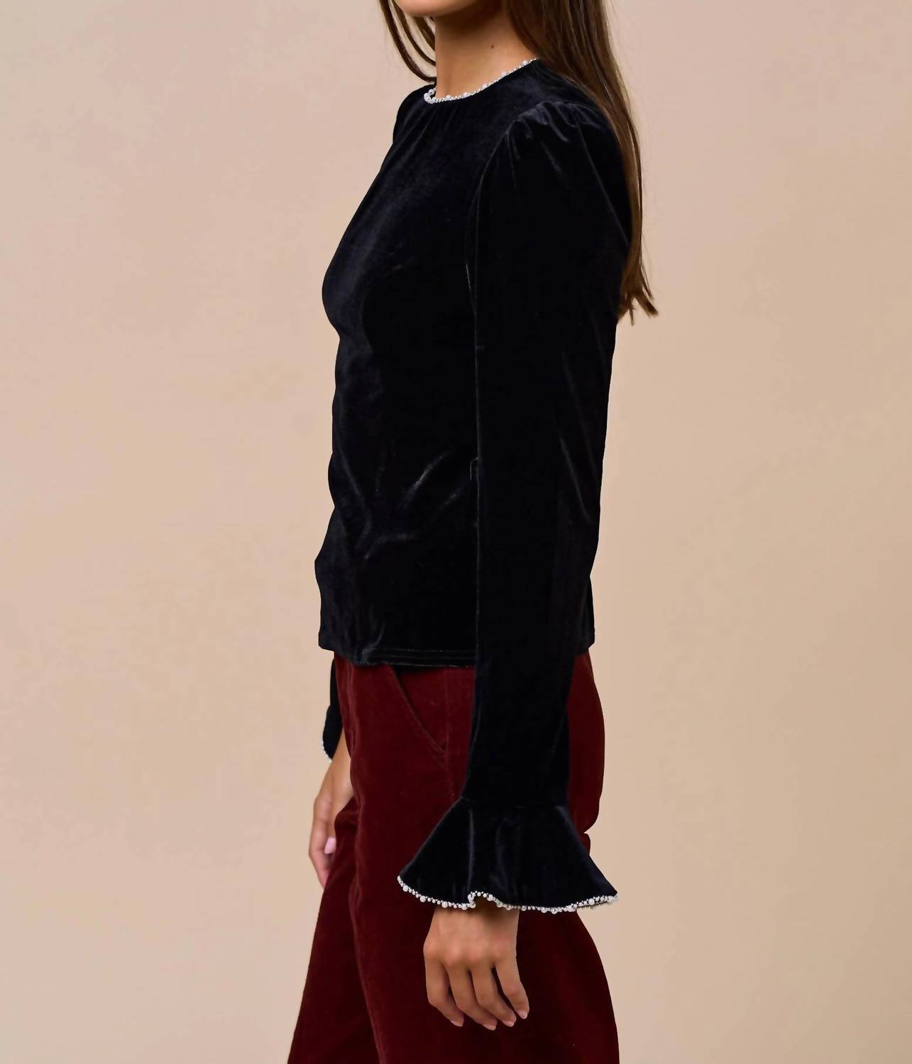Lalavon - Velvet Touch Pearl Trim Long Sleeve Top