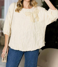 Joh - Woven Top With Pearl Ribbon Bow