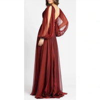 Mac Duggal - V-neck A-line Chiffon Gown Beaded Cuffs