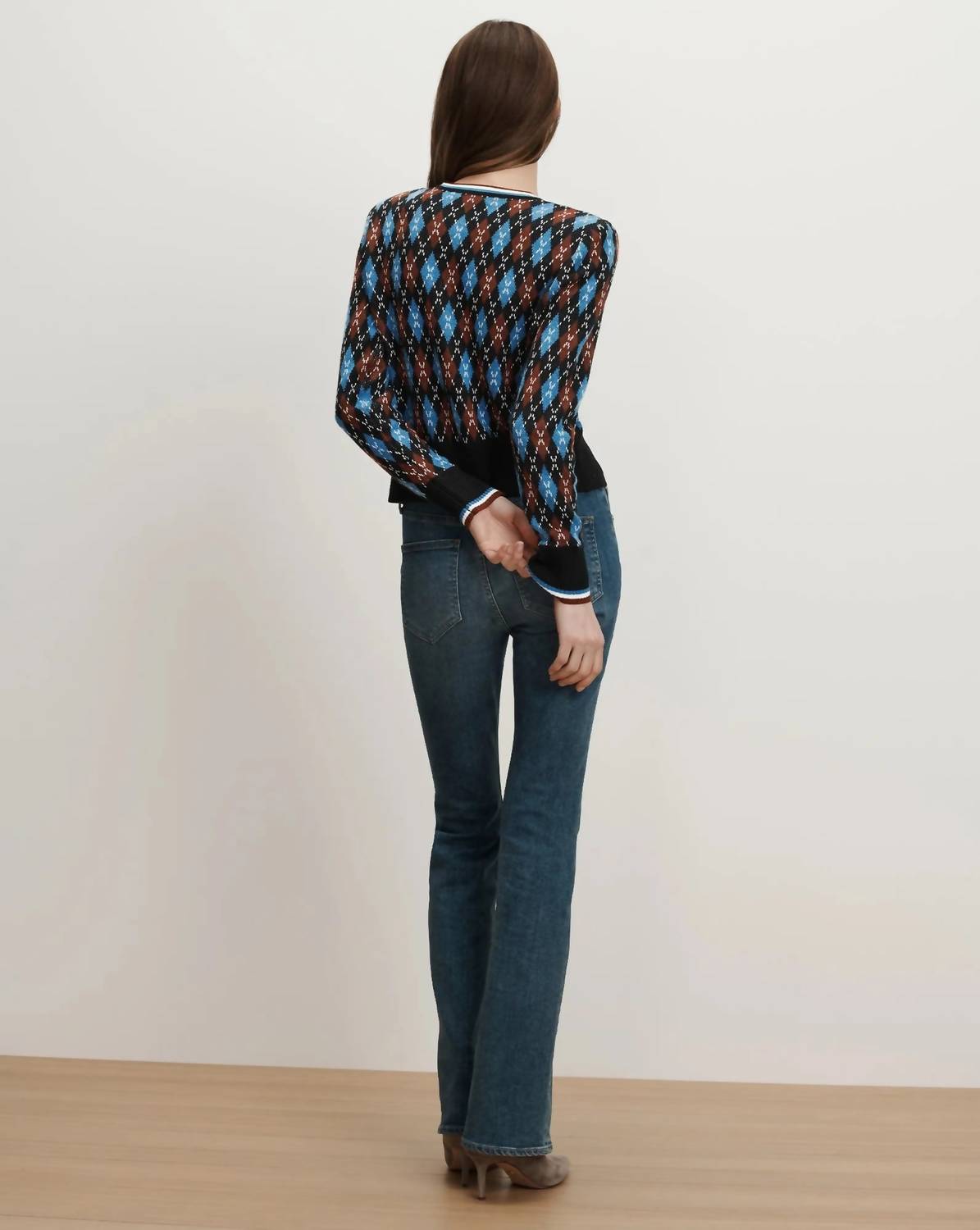 Veronica Beard Sylvane Argyle Cardigan Top in black multi - women's sweater - detail view