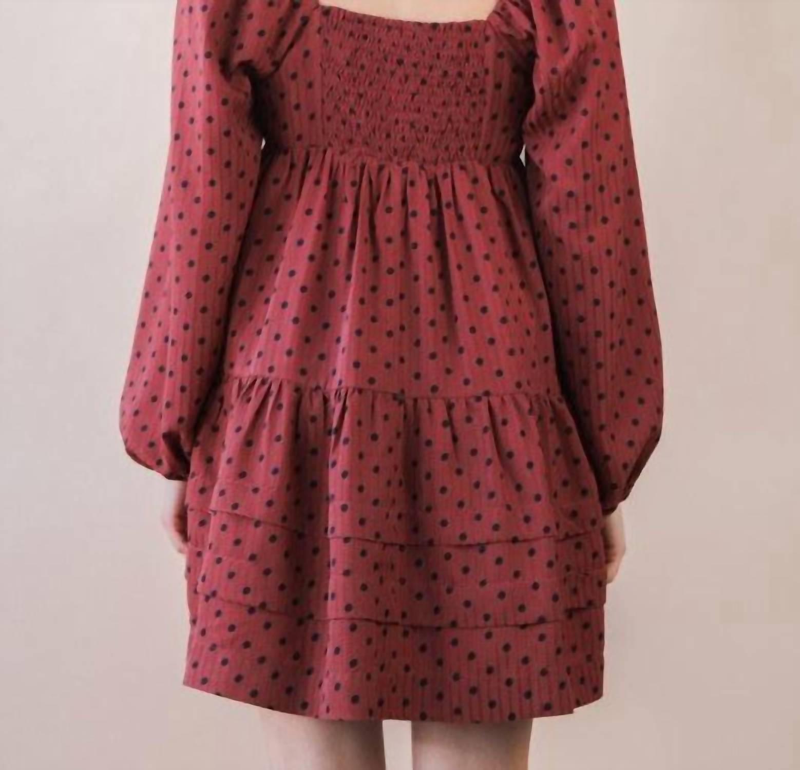 VERY J Polka Dot Print Tiered Mini Dress in brick - women's dress - alternate view