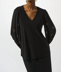 Joseph Ribkoff V-neck Long Embellished Puff Sleeves Top 253084 in black - women's blouse - detail view