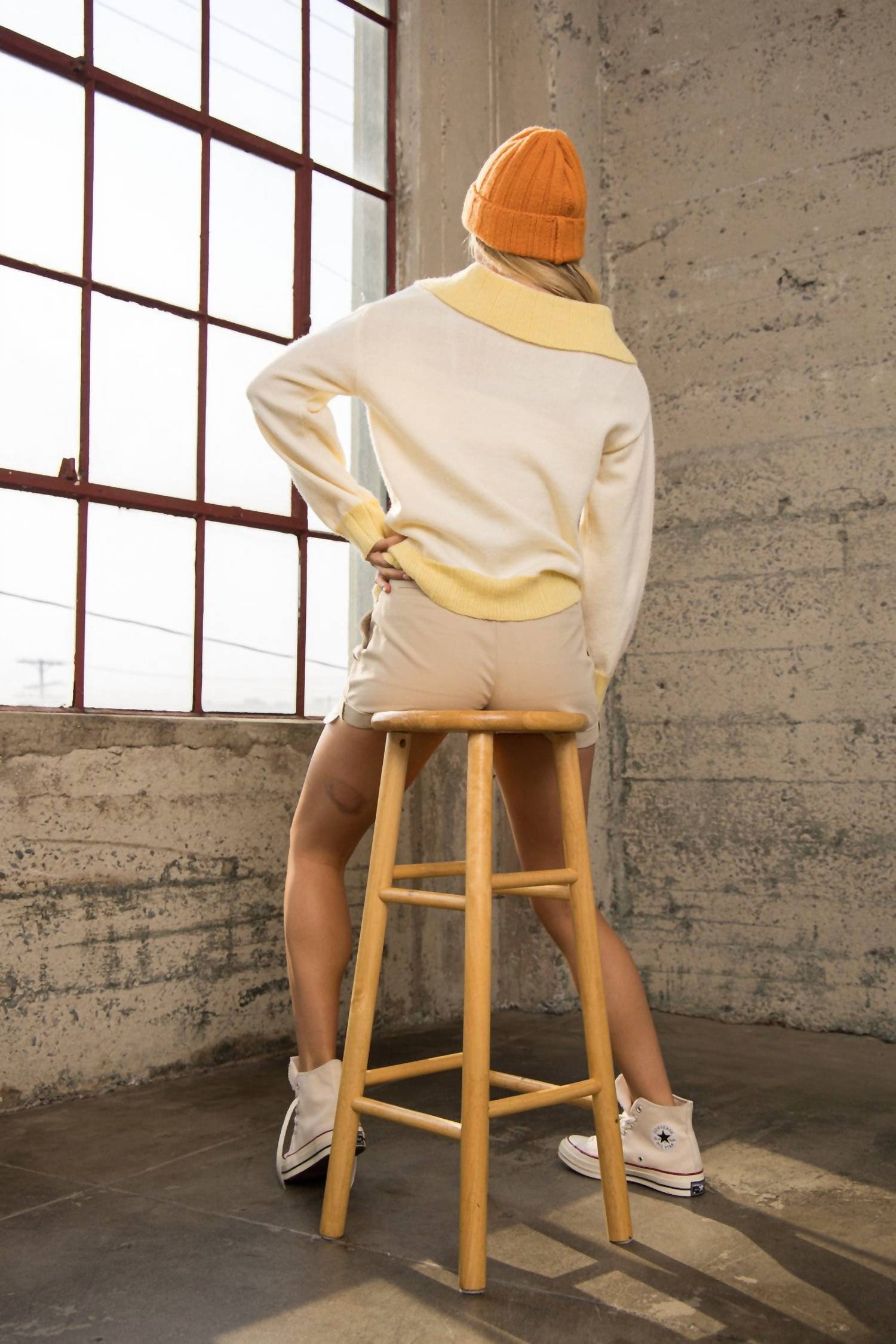 PAPERMOON Jessi Zipper Front Big Collar Sweater in lemon - women's sweater - alternate view