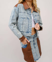 Blue B - Faux Leather Color Block Denim Jacket