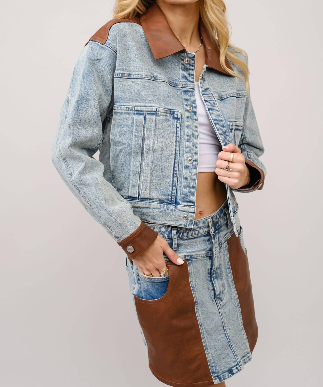 Blue B - Faux Leather Color Block Denim Jacket