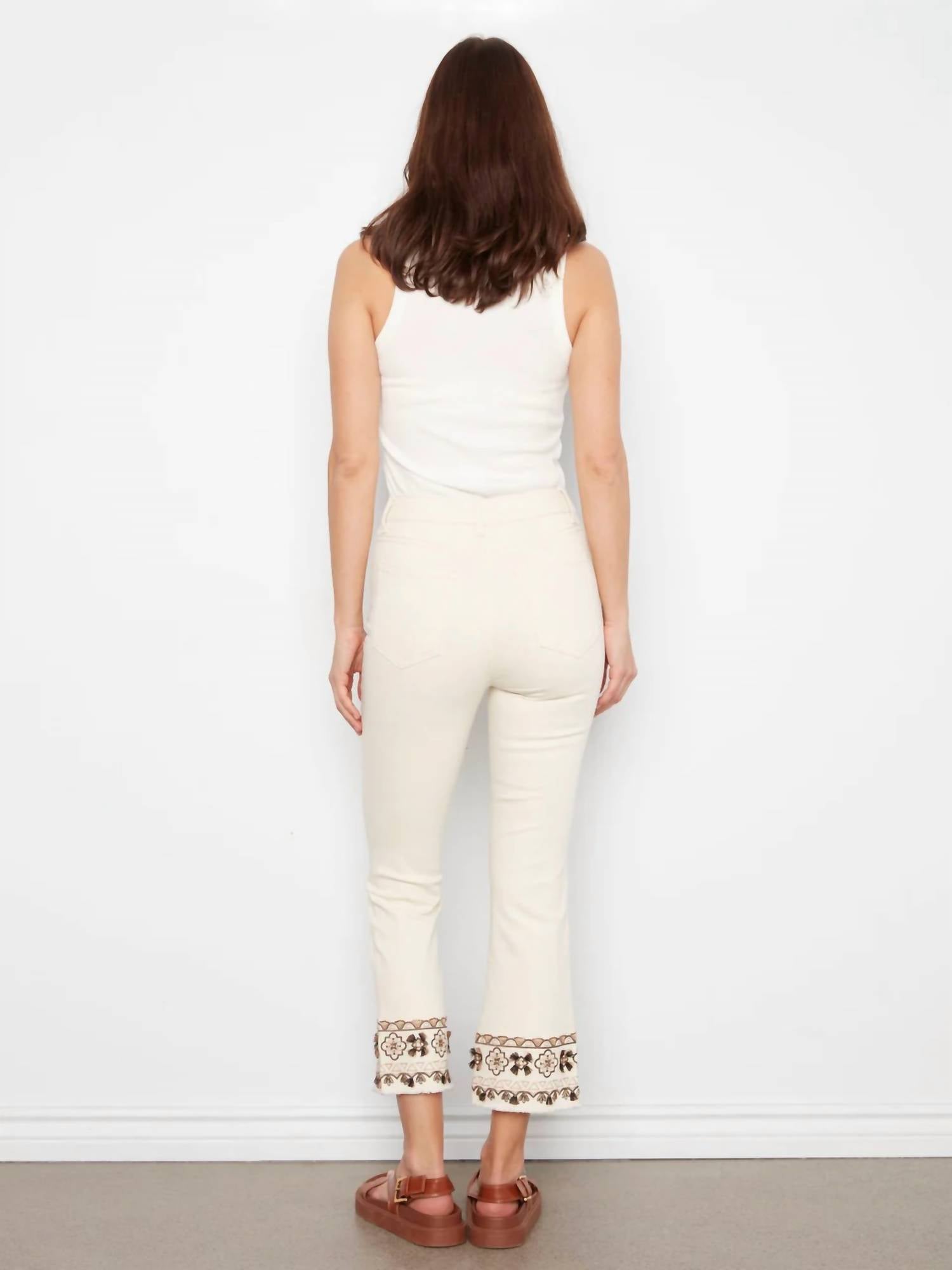 Charlie B - Flare Leg Cropped Twill Pants With Embroidery Hem