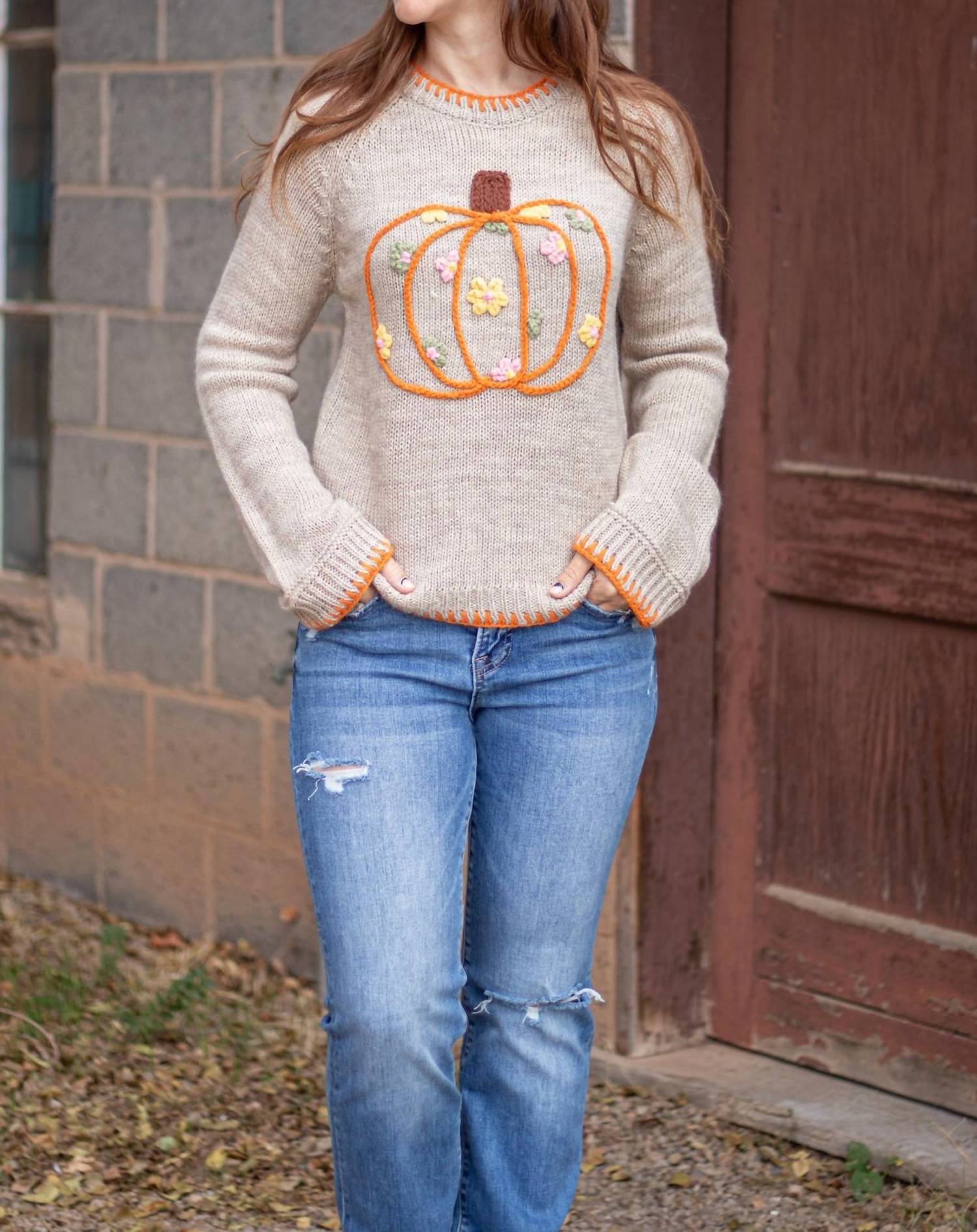 So Me Pumpkin and Floral Embroidered Sweater in beige - women's sweater - view 4