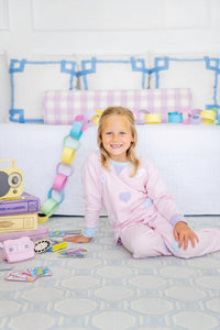 The Beaufort Bonnet Company Cassidy Comfy Crewneck Top in palm beach pink with hearts - kids' sweater