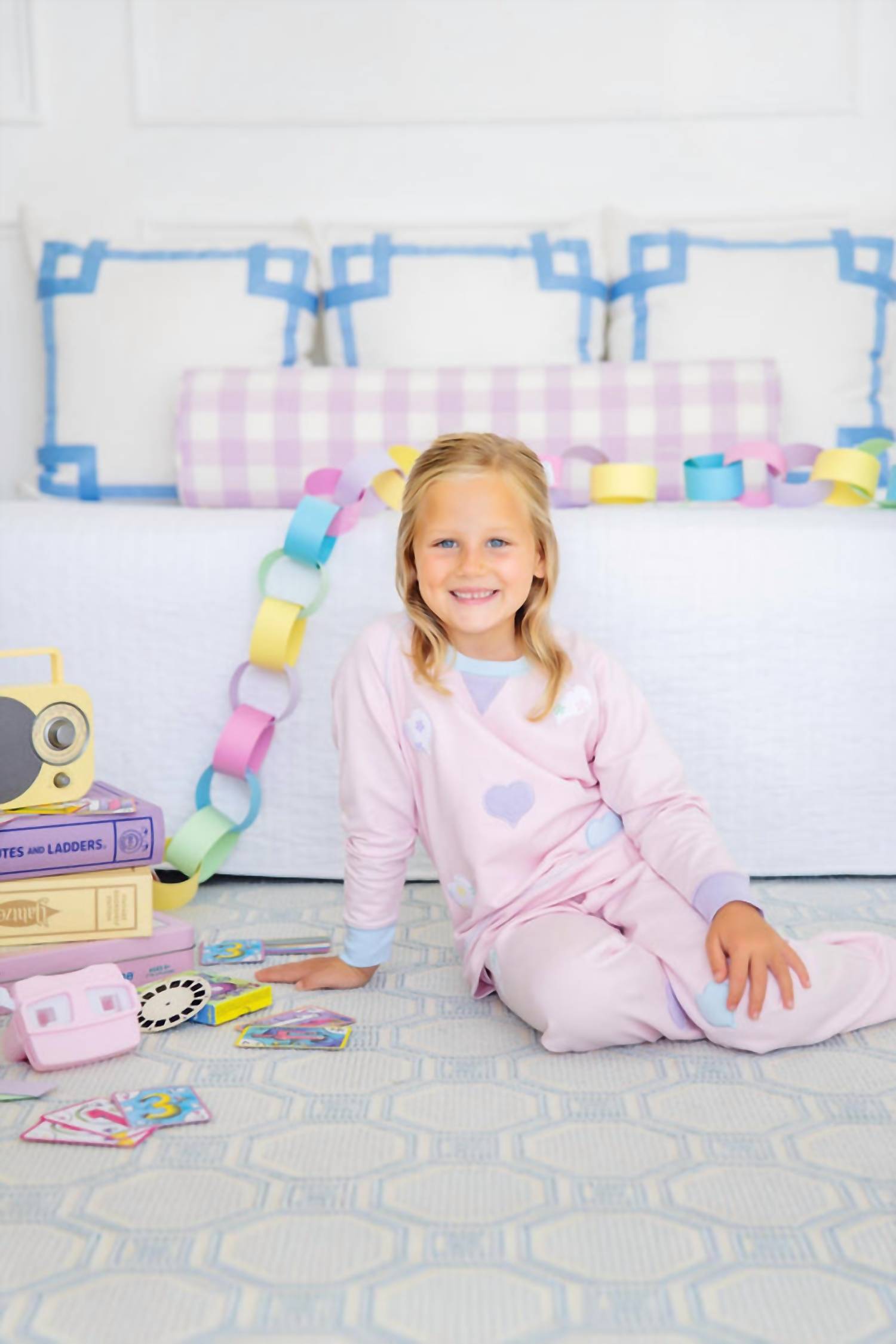 The Beaufort Bonnet Company Cassidy Comfy Crewneck Top in palm beach pink with hearts - kids' sweater