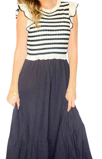 By The River Woven Knit Striped Top Maxidress With Solid Bottom in cream and black - women's dress - alternate view