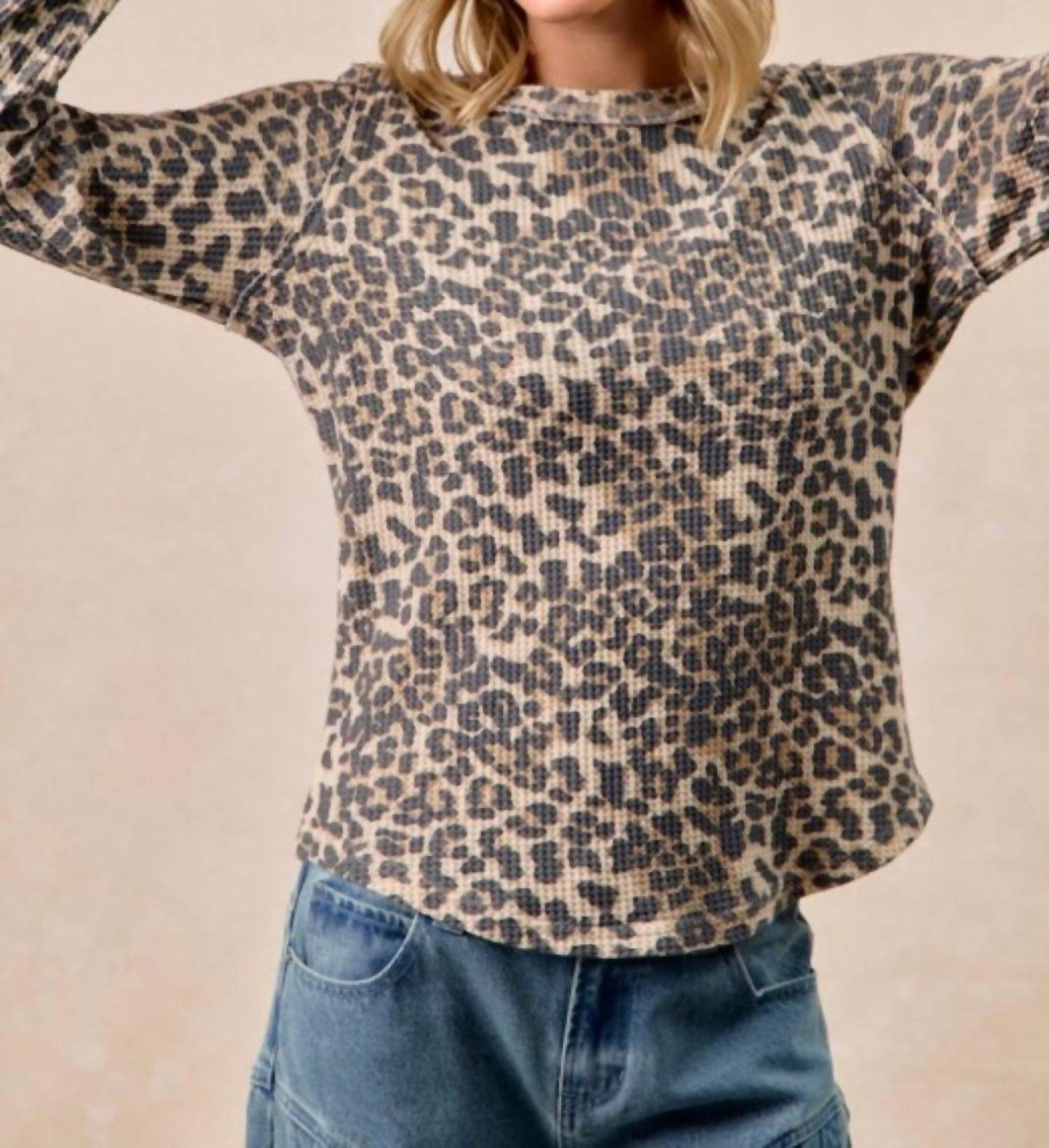 Bibi - Leopard Print Washed Waffle Thermal Top With Thumb Holes