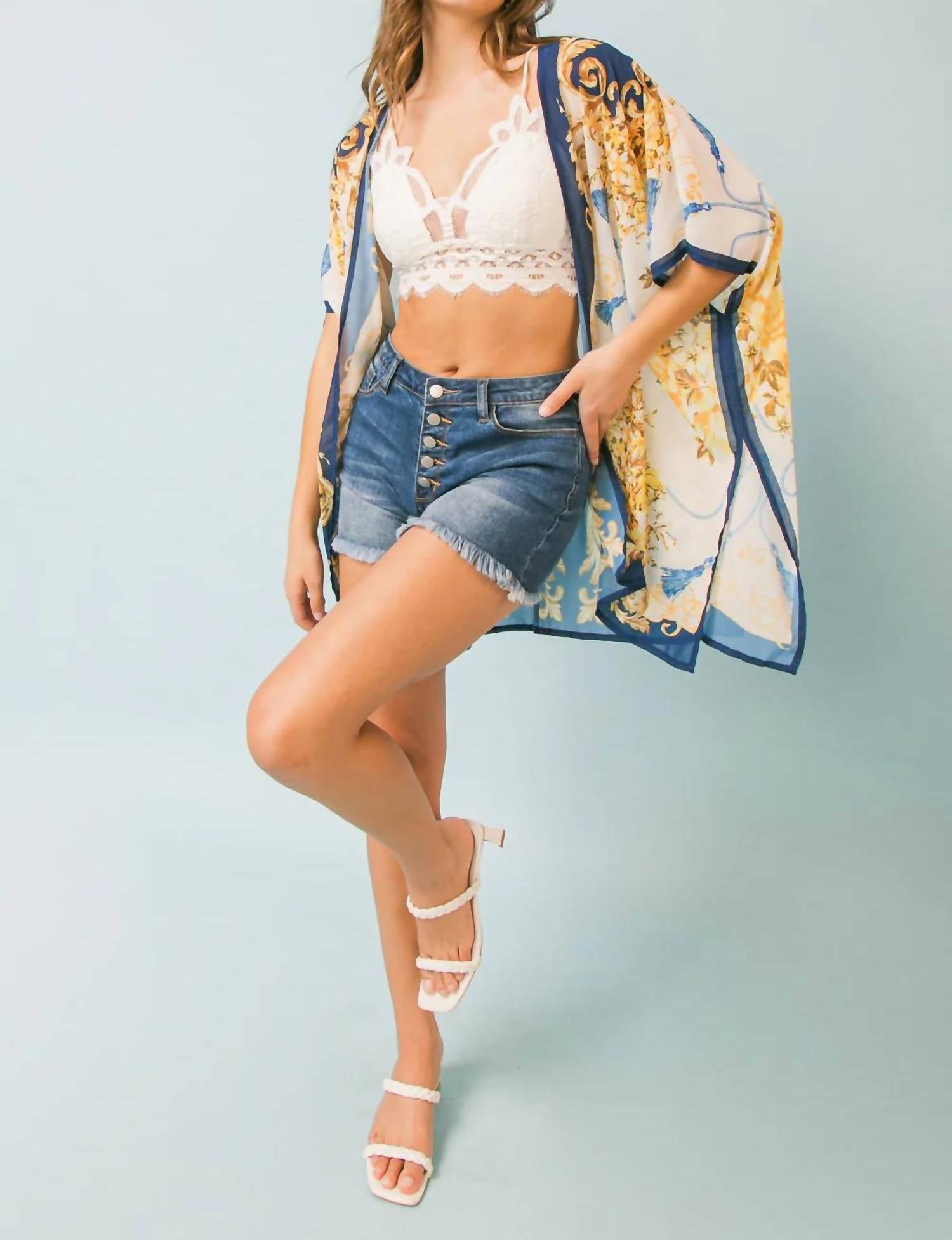 Flying Tomato - Elizabeth Scarf Print Woven Cover Up Kimono