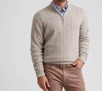 PETER MILLAR Crescent Ridge Cable 1/4 Zip Sweater in light elm - men's sweater
