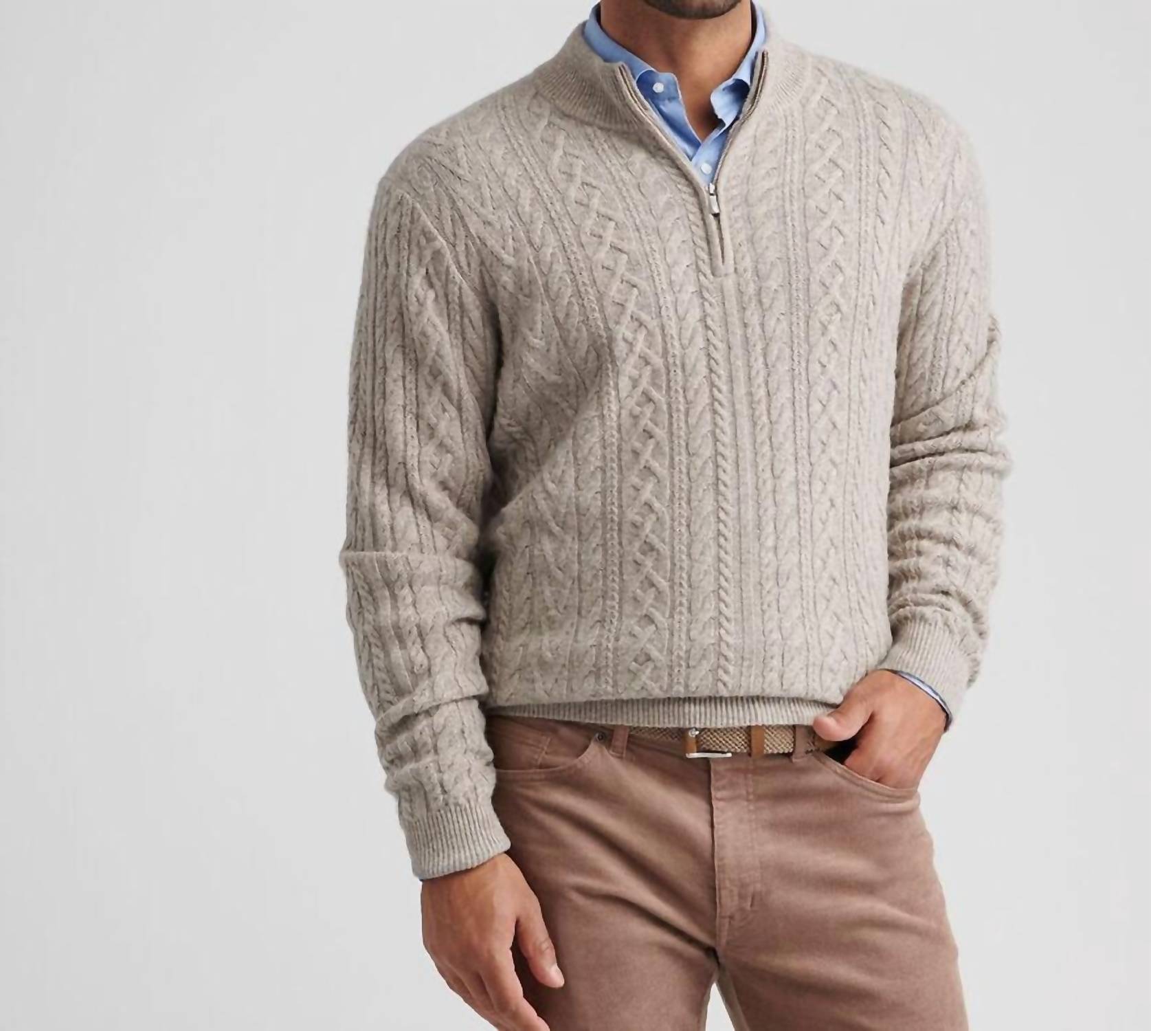 PETER MILLAR Crescent Ridge Cable 1/4 Zip Sweater in light elm - men's sweater