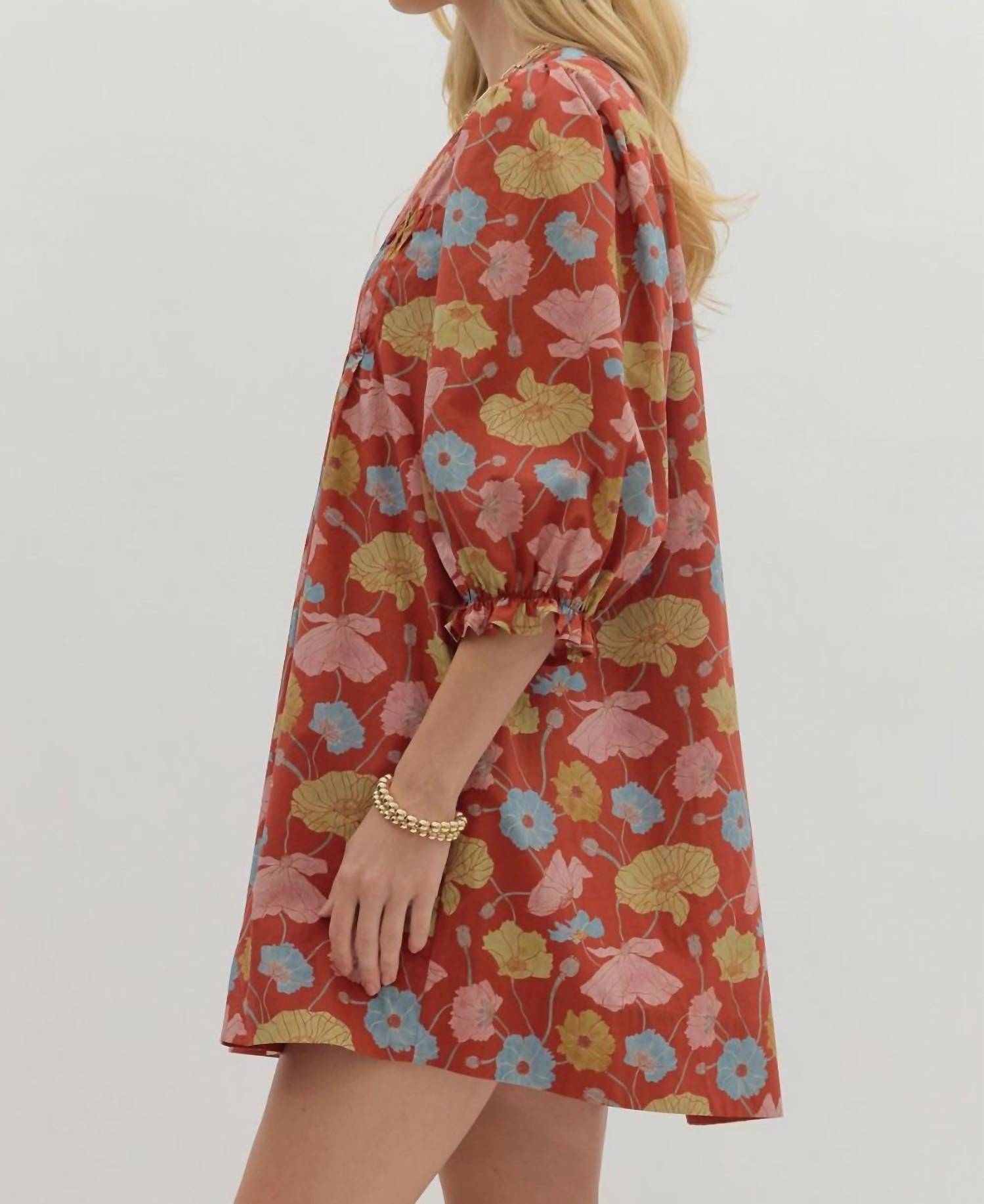 entro mini dress ENTRO D28634 Brick Floral Watercolor Mini (L)