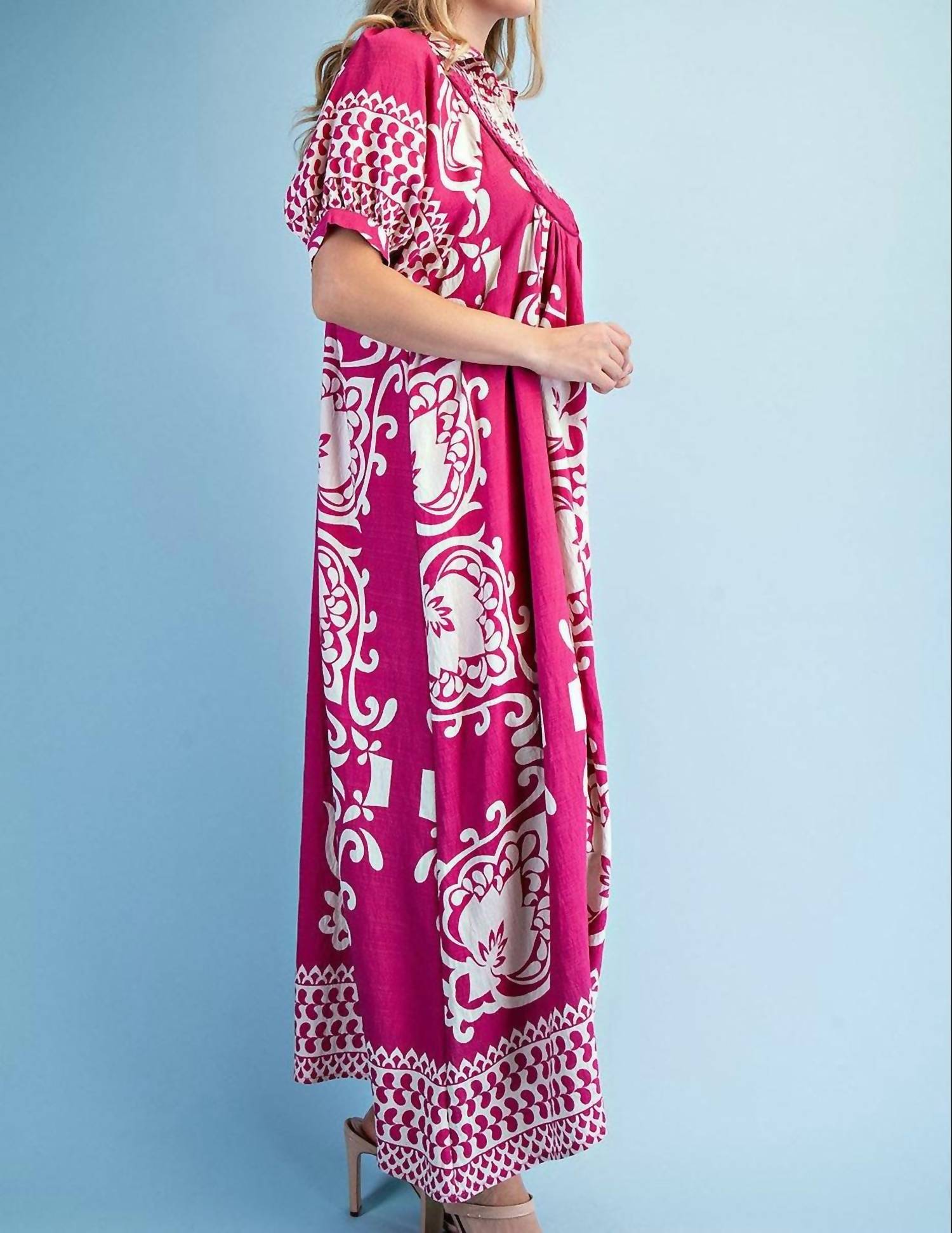 Gigio - Mixed Print Short Puff Sleeve Midi Dress