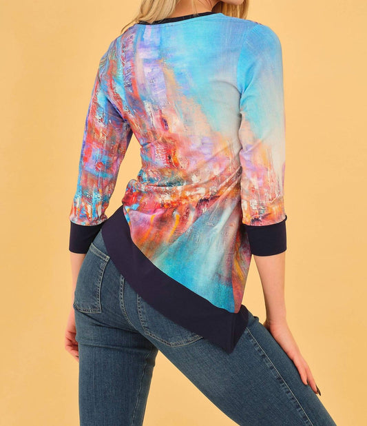 Dolcezza - City Print Asymmetric Hem Quarter Sleeve Top