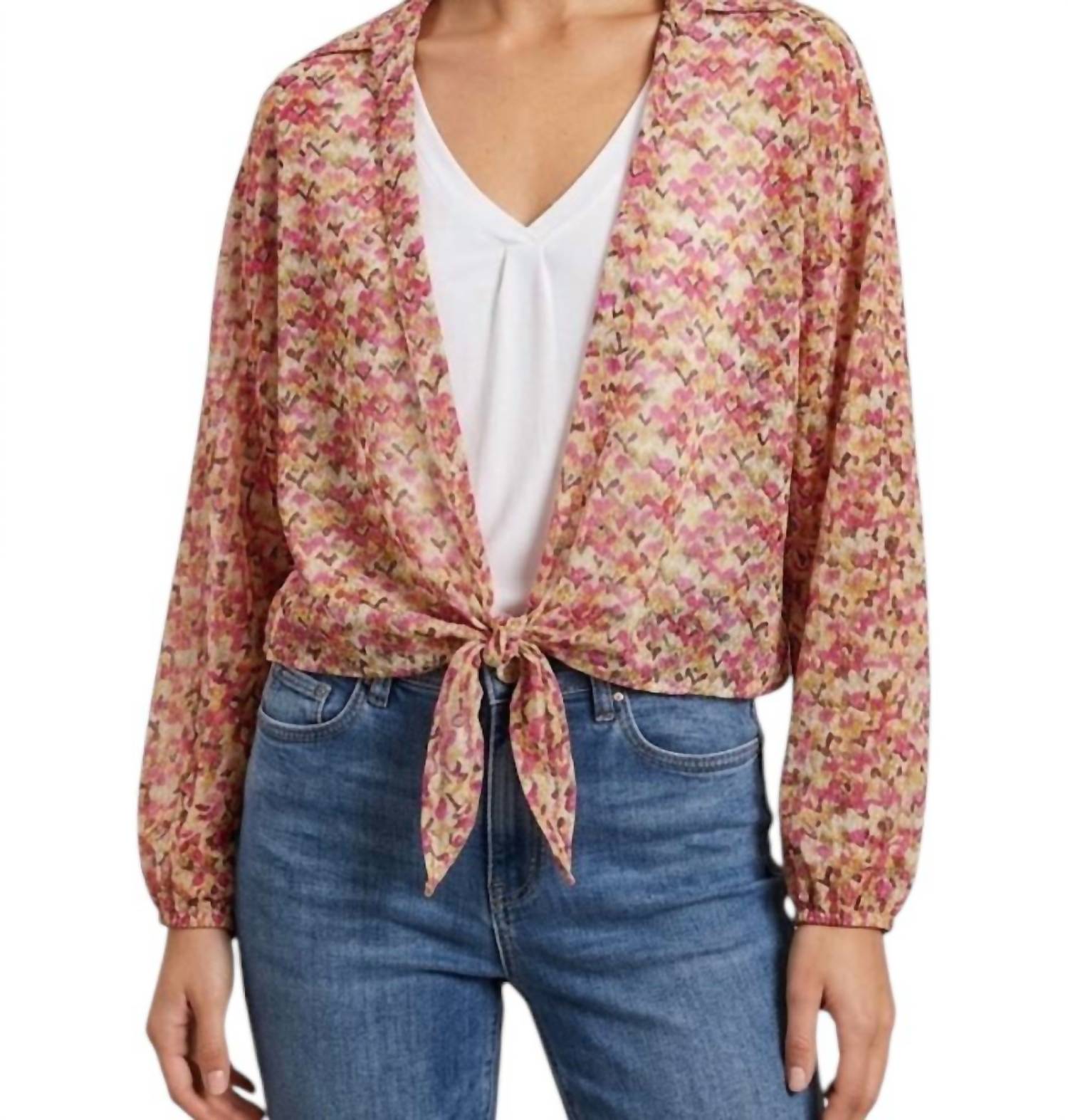 Jade By Jane - Waist Adjustable Tie Puff Sleeve Blouse