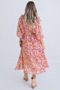 Karlie Abstract Ruffle Midi Dress in orange - women's dress - detail view