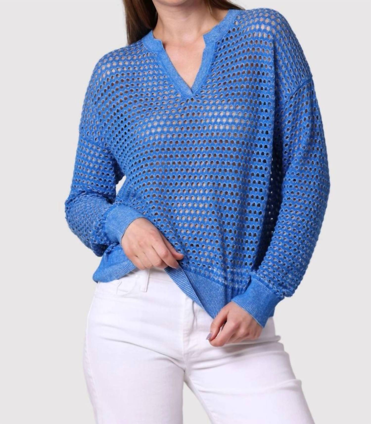 Minnie Rose - Cotton Cashmere Mesh Split Neck Top