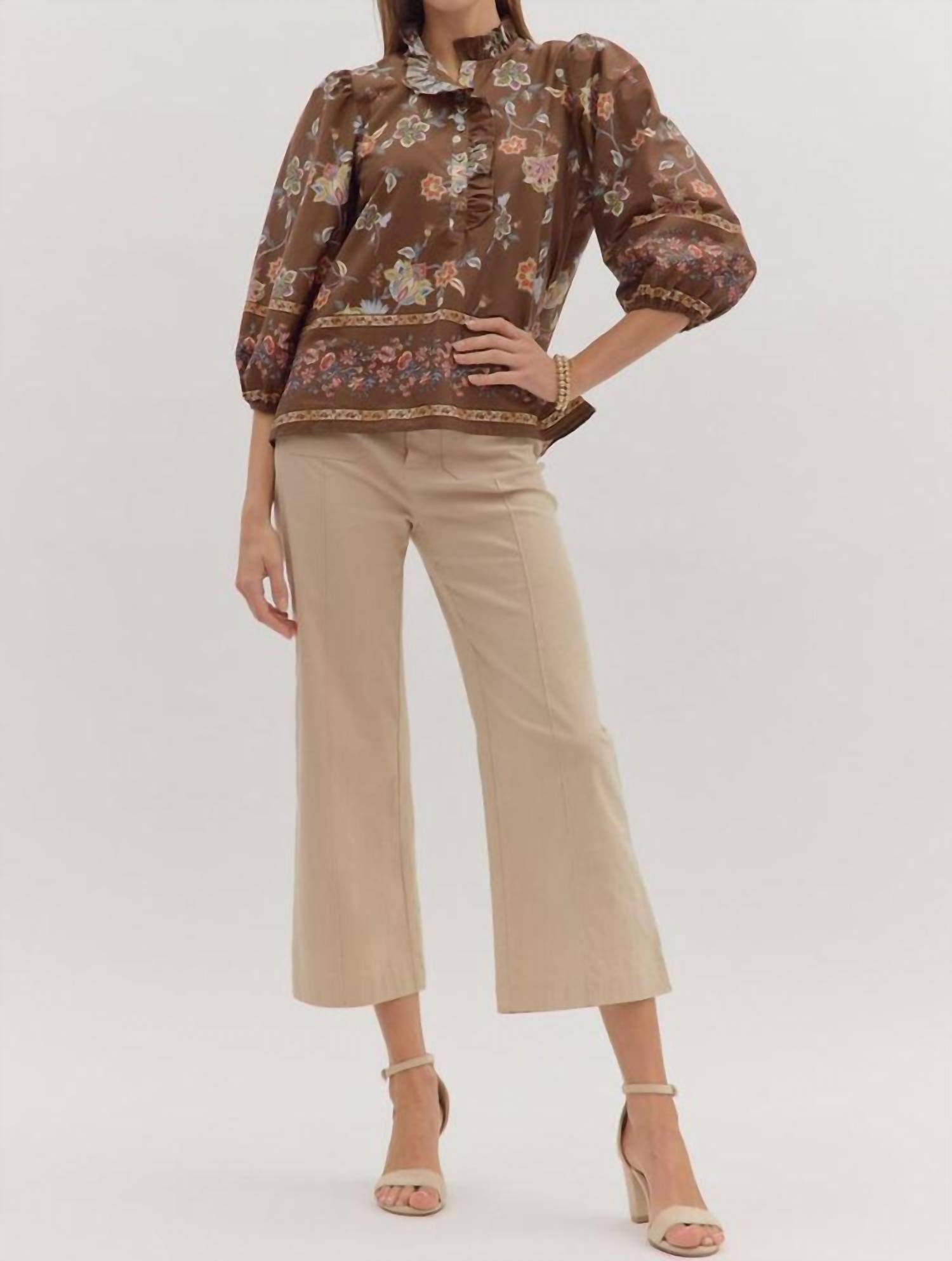 entro Ruffle Neck Shirt in brown pink floral - women's blouse - view 7