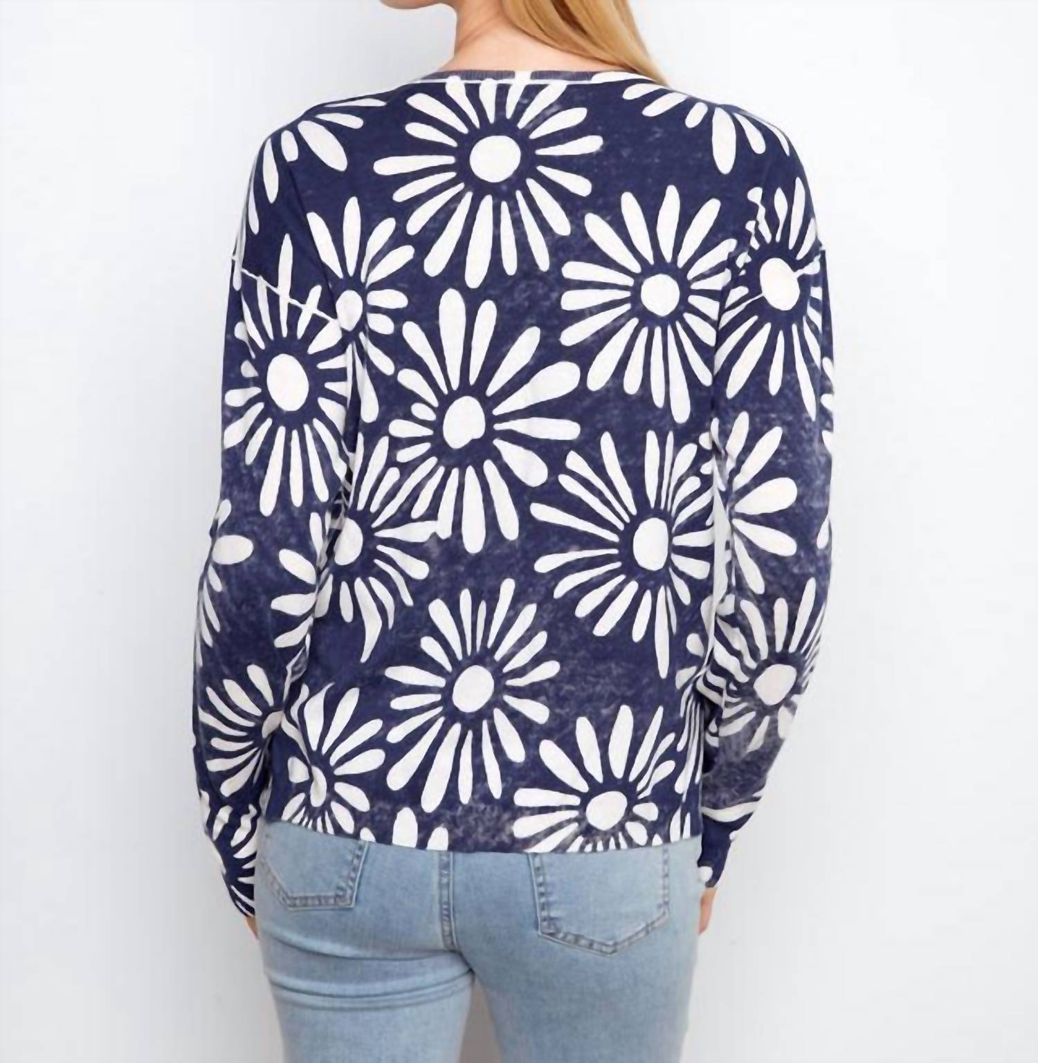 CHARLIE B Long Sleeve Reversible Nautique Sweater in blue - women's sweater - detail view