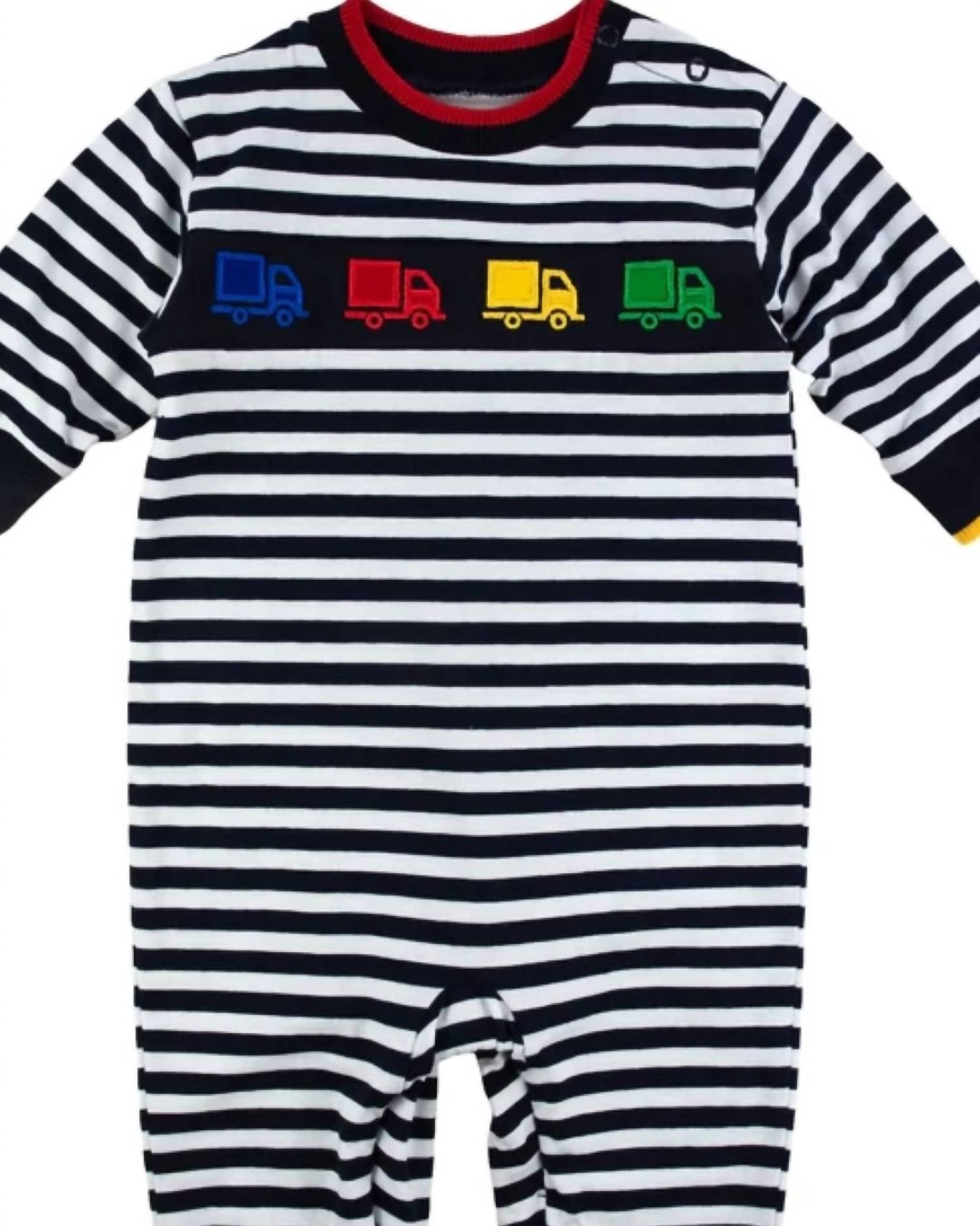 Florence Eiseman Kid's Stripe Knit Dump Trucks Longall in navy white - kids' item - detail view