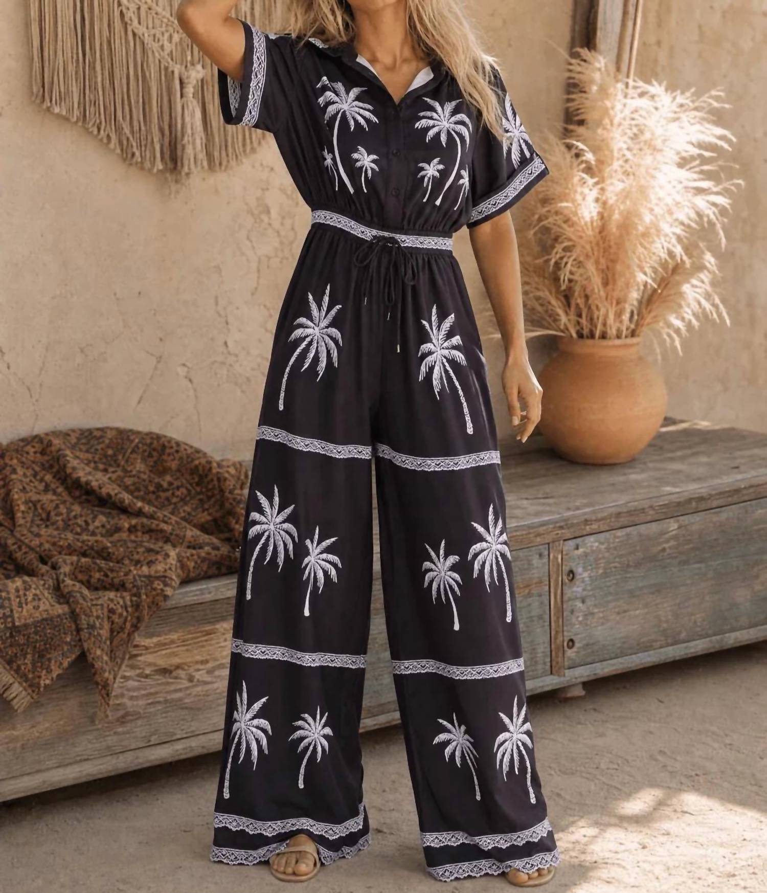Little Secret Of Mine - Palm Print Wide Leg Jumpsuit