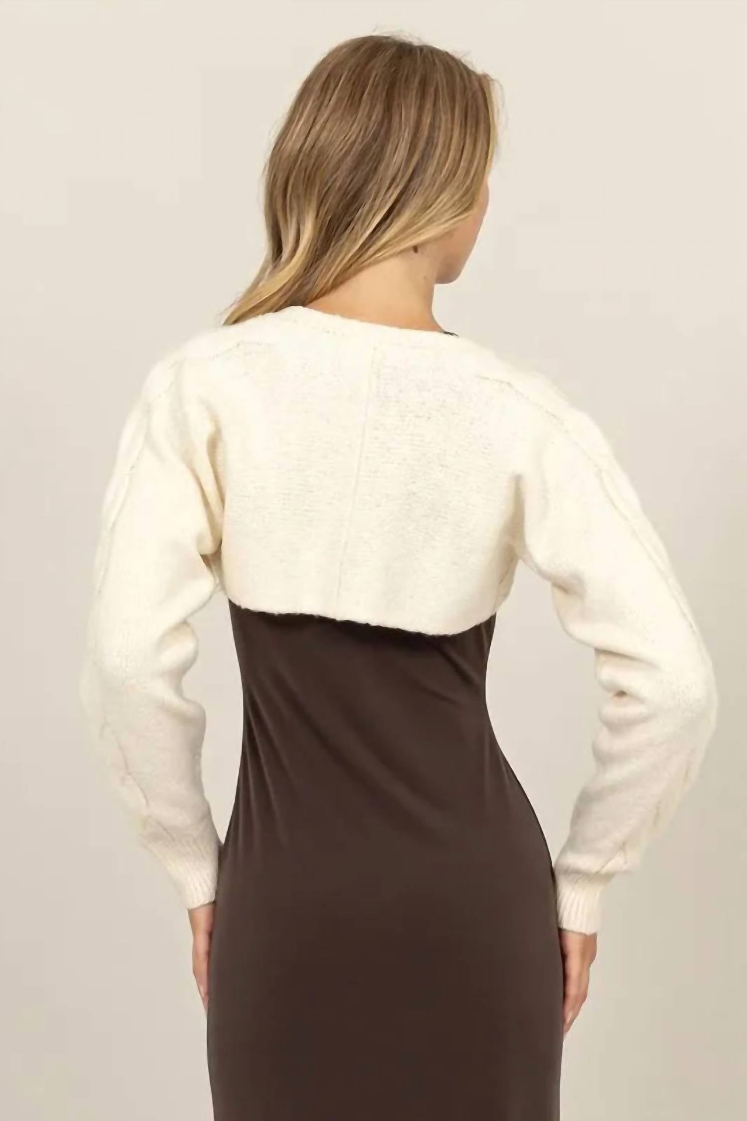 HYFVE Cable Knit Tie Front Shrug in cream - women's sweater - alternate view