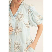 Jodifl - Textured Floral Puff Sleeve Button Down Mini Dress