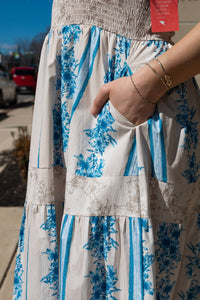 Peach Love Floral Printed Cotton Poplin Shoulder Tie Maxi Dress in blue - women's dress - detail view