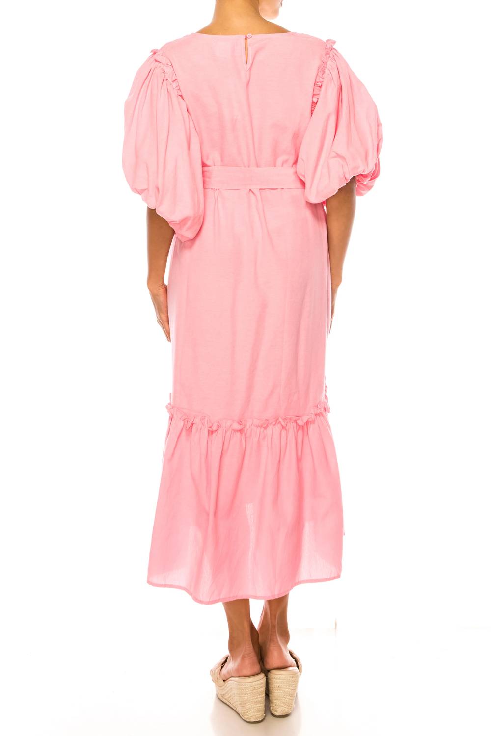 Vivid - Short Puff Sleeve Belted Tiered Skirt Dress