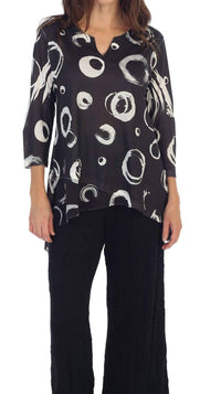 Jess & Jane Circles Slit V-neck Chiffon Contrast Top in black - women's blouse