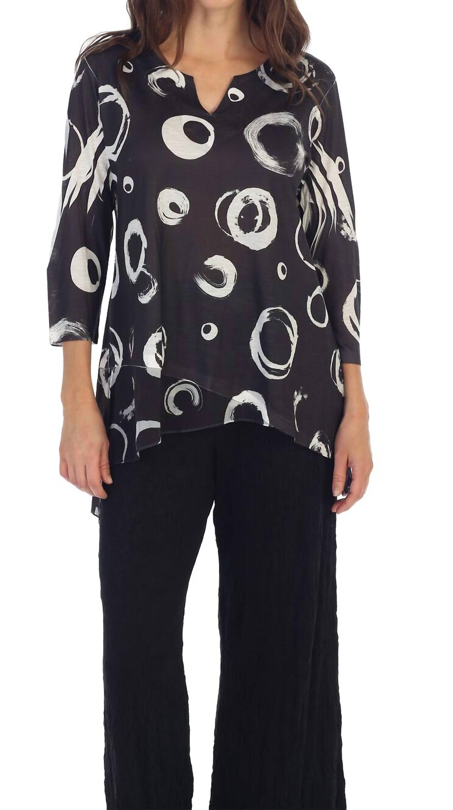 Jess & Jane Circles Slit V-neck Chiffon Contrast Top in black - women's blouse