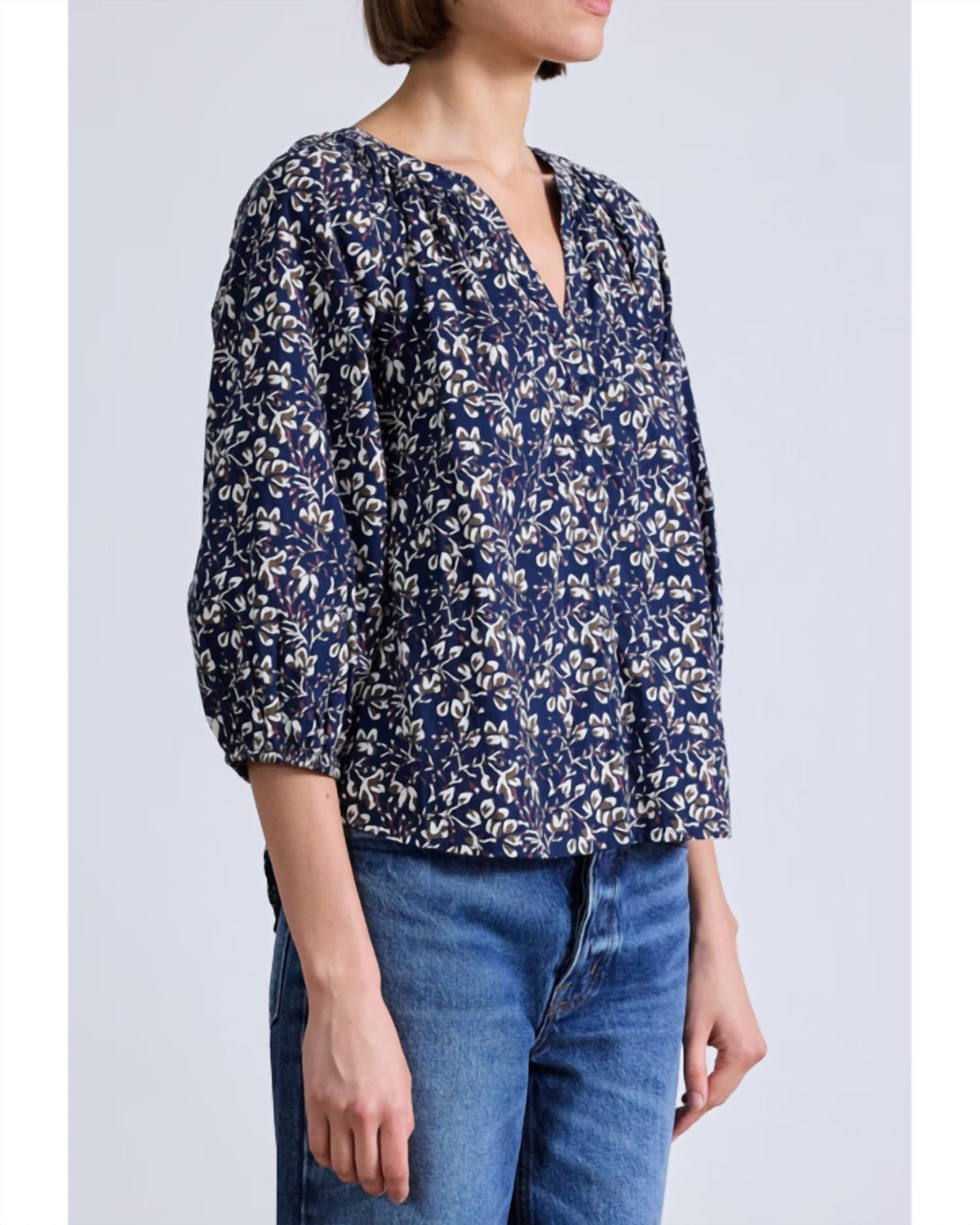 APIECE APART Mitte Open V-neck Top in mira flora navy - women's blouse - alternate view