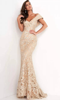 Jovani - Off Shoulder Embroidered Mermaid Gown