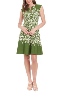 London Times - Leaf Print Cap Sleeve A-Line Dress