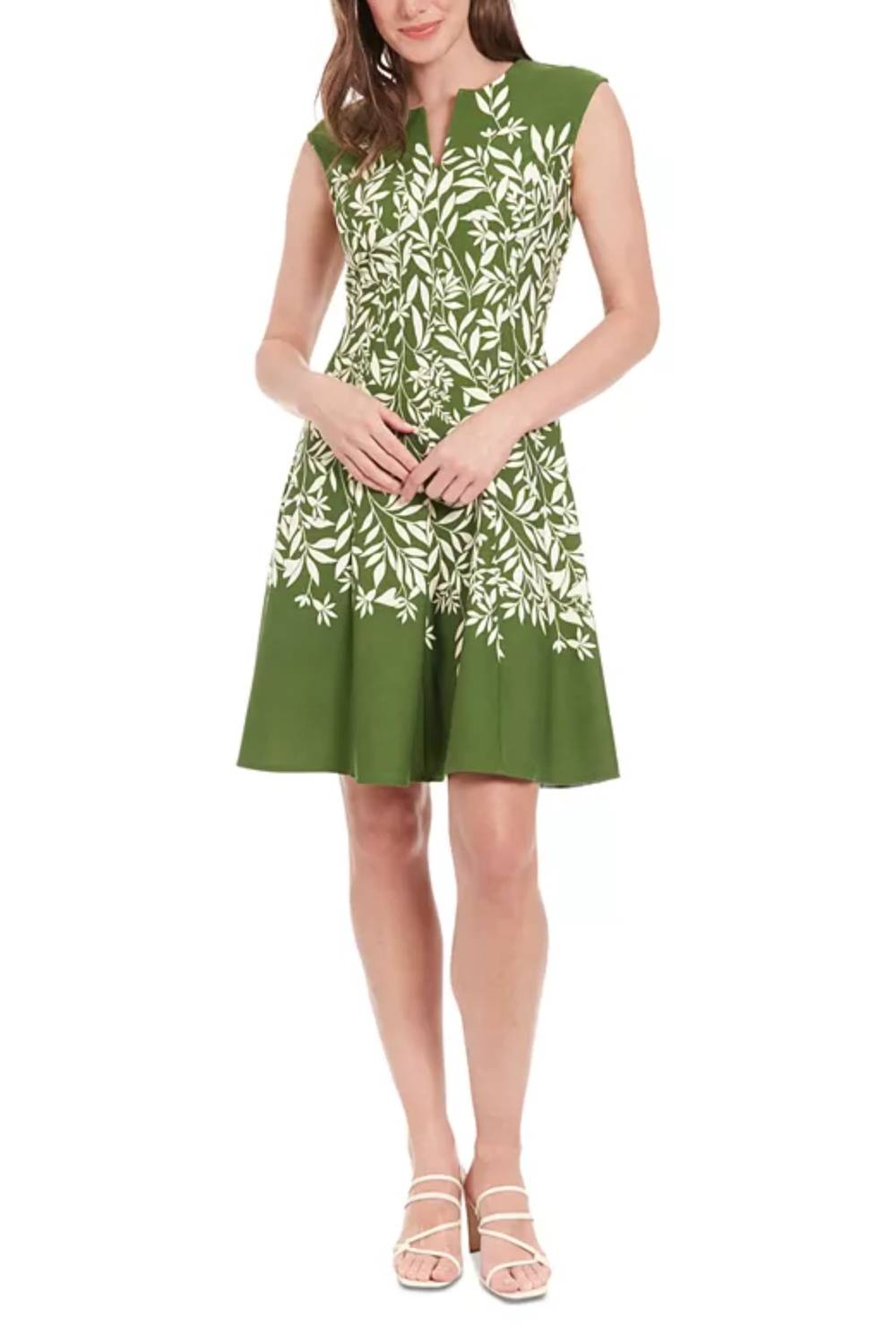 London Times - Leaf Print Cap Sleeve A-Line Dress