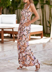 Aapparella - Floral Print Smocked High Waist Fashion Jumpsuit