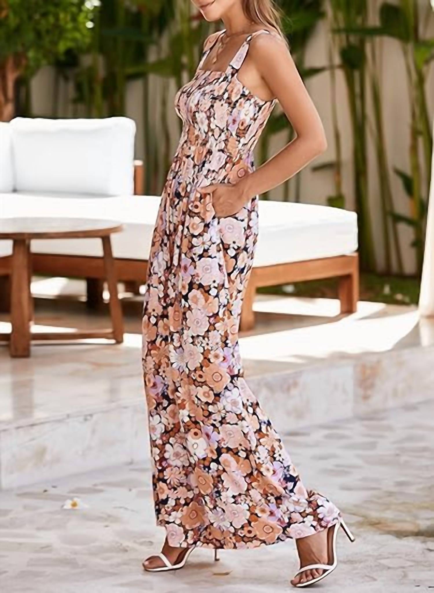 Aapparella - Floral Print Smocked High Waist Fashion Jumpsuit