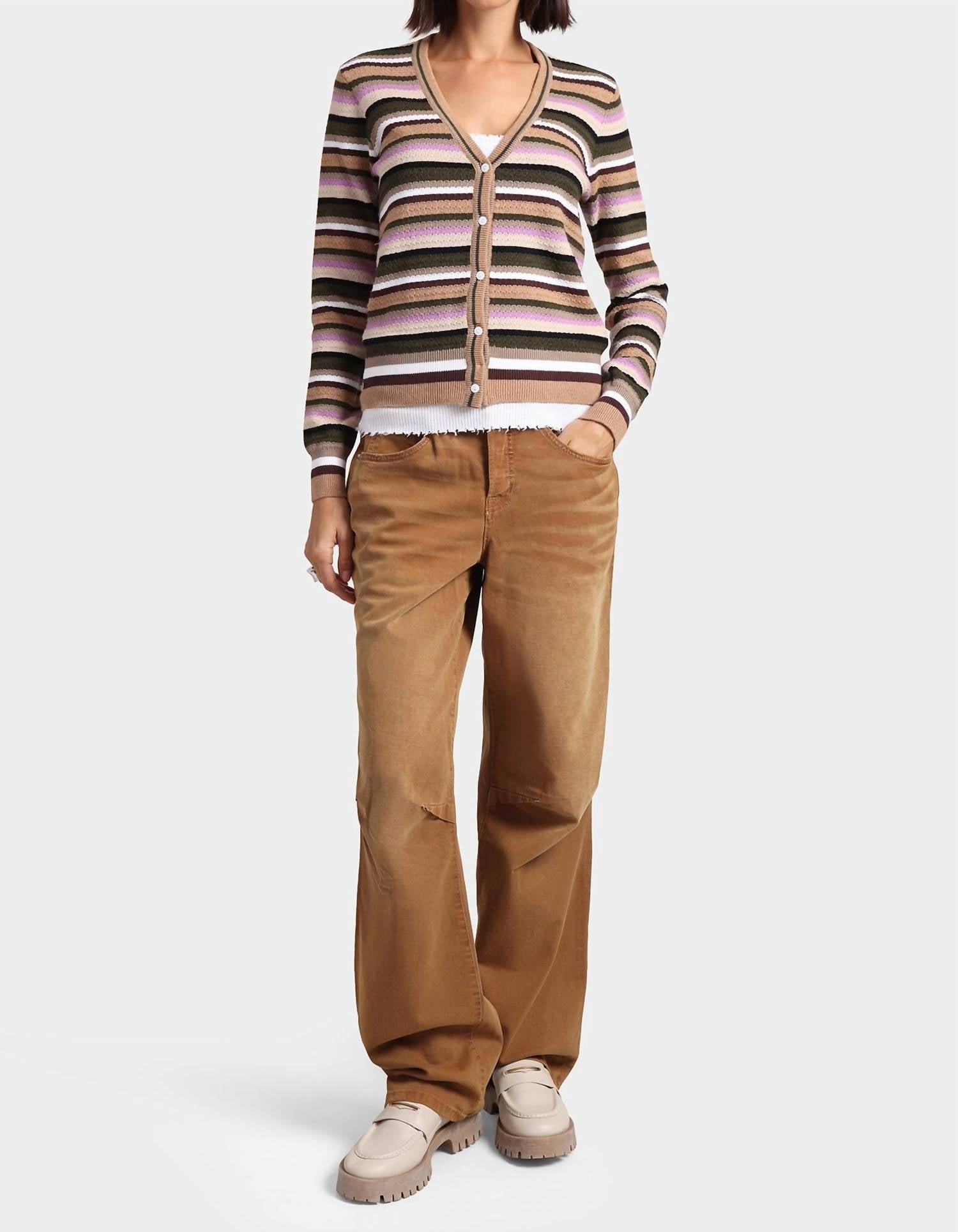 Minnie Rose - Cotton Cashmere Weekend Texture Stripe Cardigan