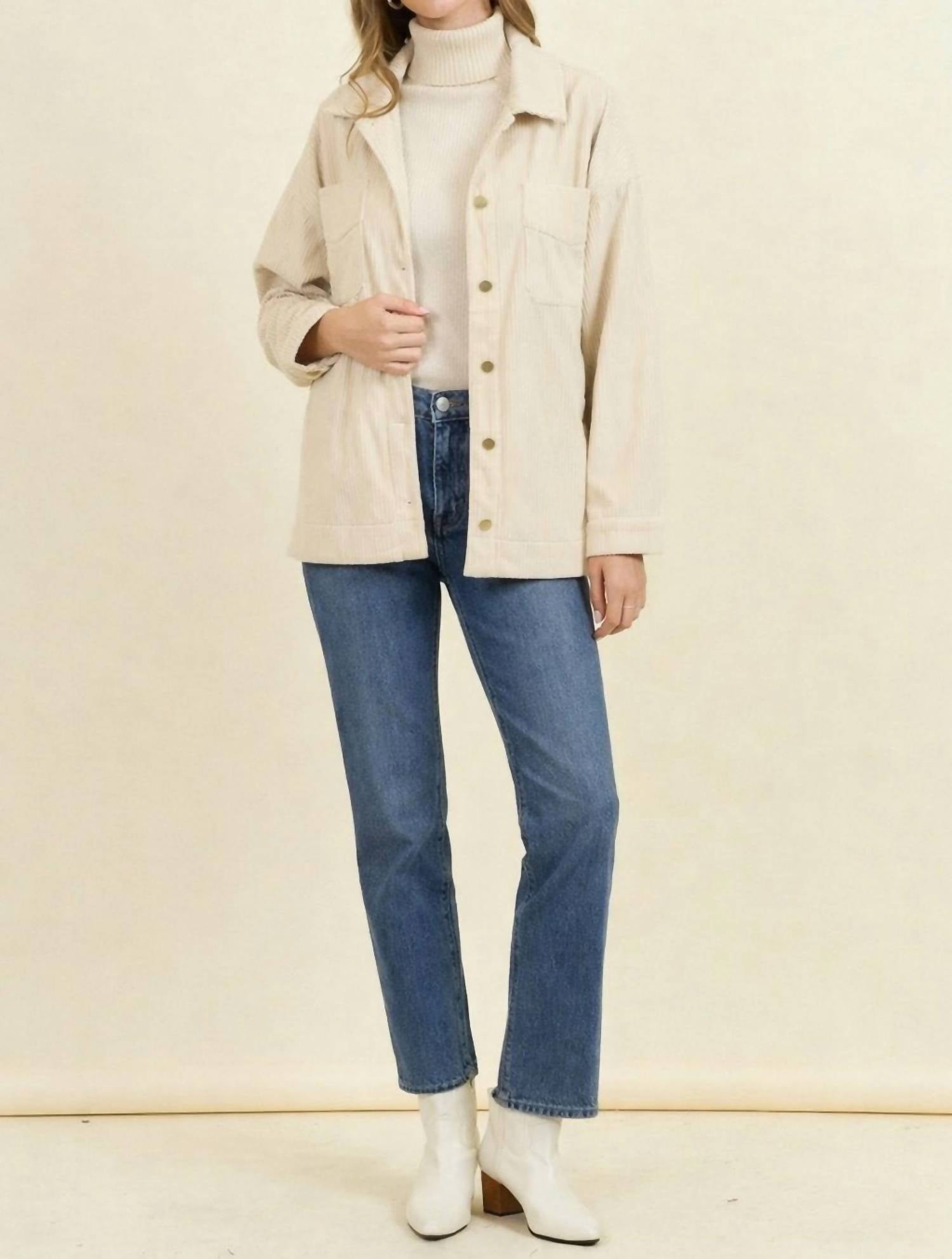 Doe and Rae Corduroy Front Button Down Oversized Jacket in cream - women's jacket - view 5