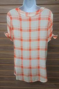 Moci - Women's Tied Short Sleeve Plaid Linen Blouse